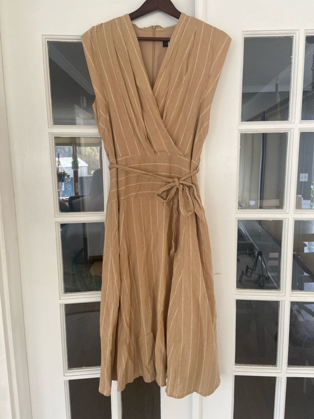 DKNY Tan Pinstripe Wrap Midi Dress with Waist Tie